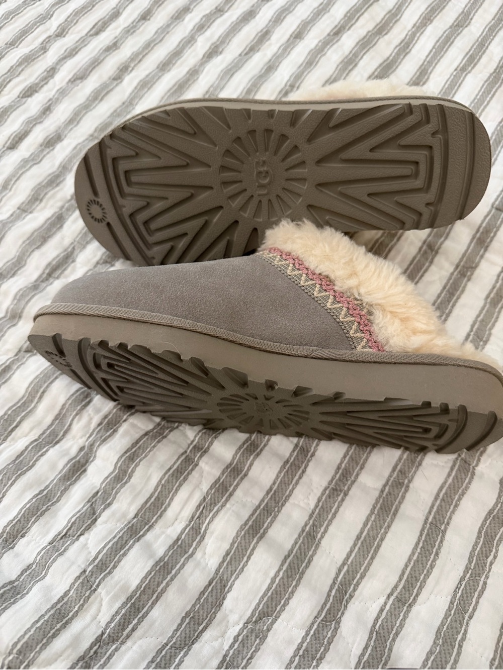 UGG Women's Suede Shearling-Lined Slip-On Clog in Light Gray with Cream Trim - Picture 4 of 8